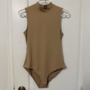 H&M Ribbed Sleeveless Mock-Neck One-Piece Bodysuit in Tan
